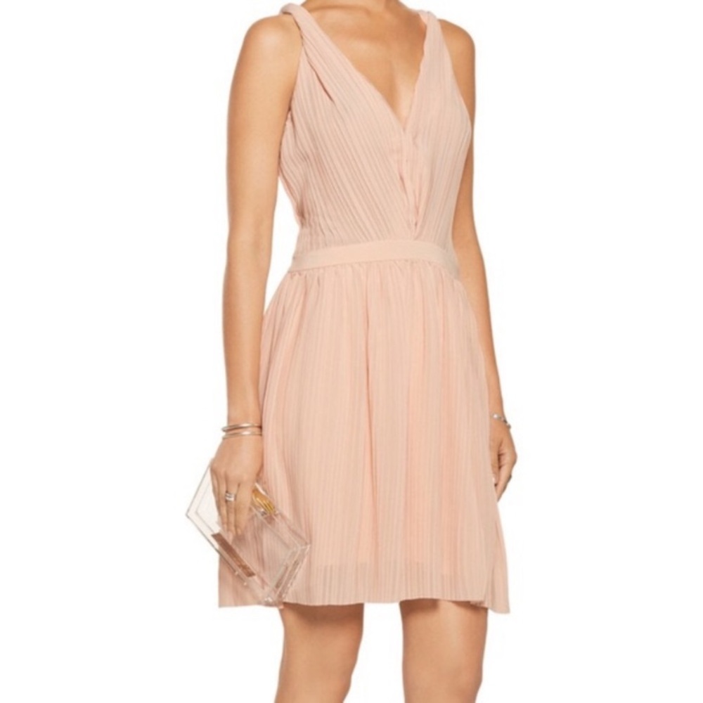 Maje Pleated V-Neck Mini Dress in Blush Pink